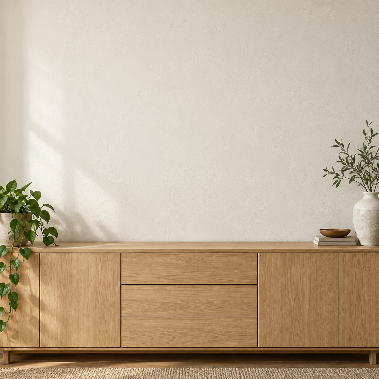 Sala con mueble de roble, plantas y pared clara