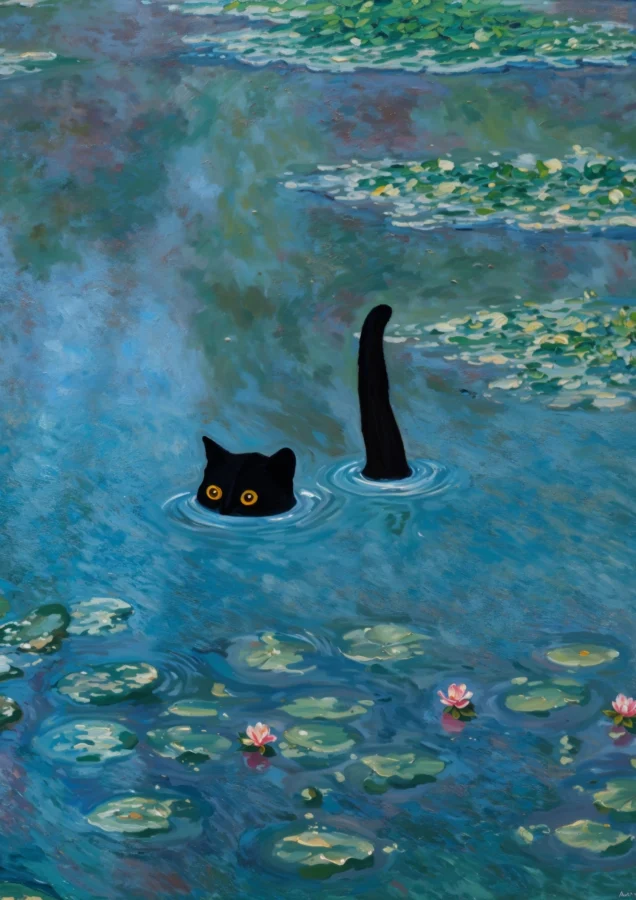 Black Cat Amongst Water Lilies