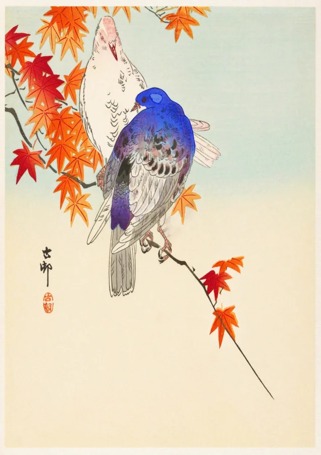 Two Pigeons On Autumn Branch Ohara Koson