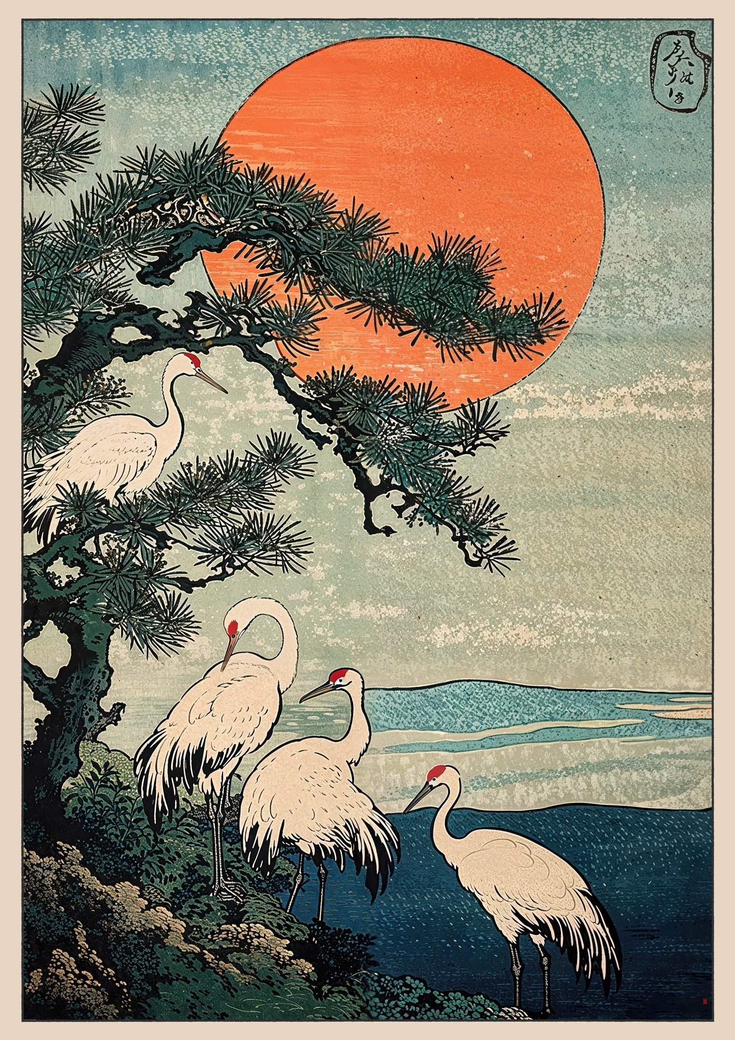 Woodblock Cranes, marco natural